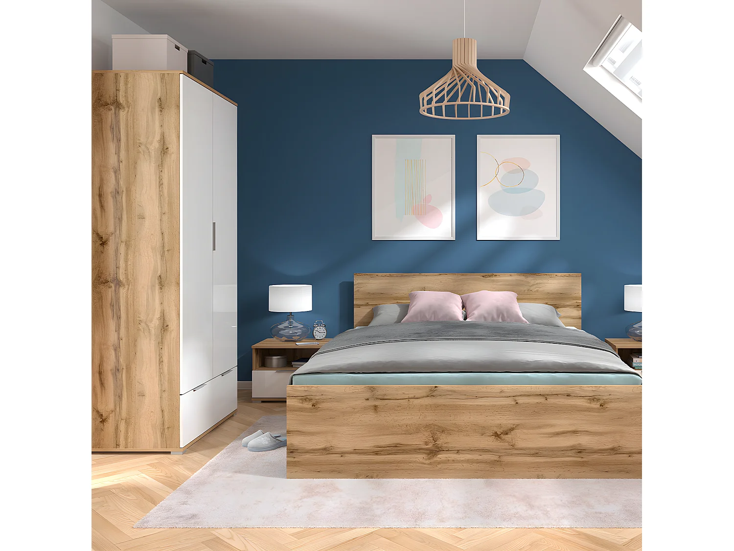 Armoire 2 portes 1 tiroir Selma Blanc et Bois