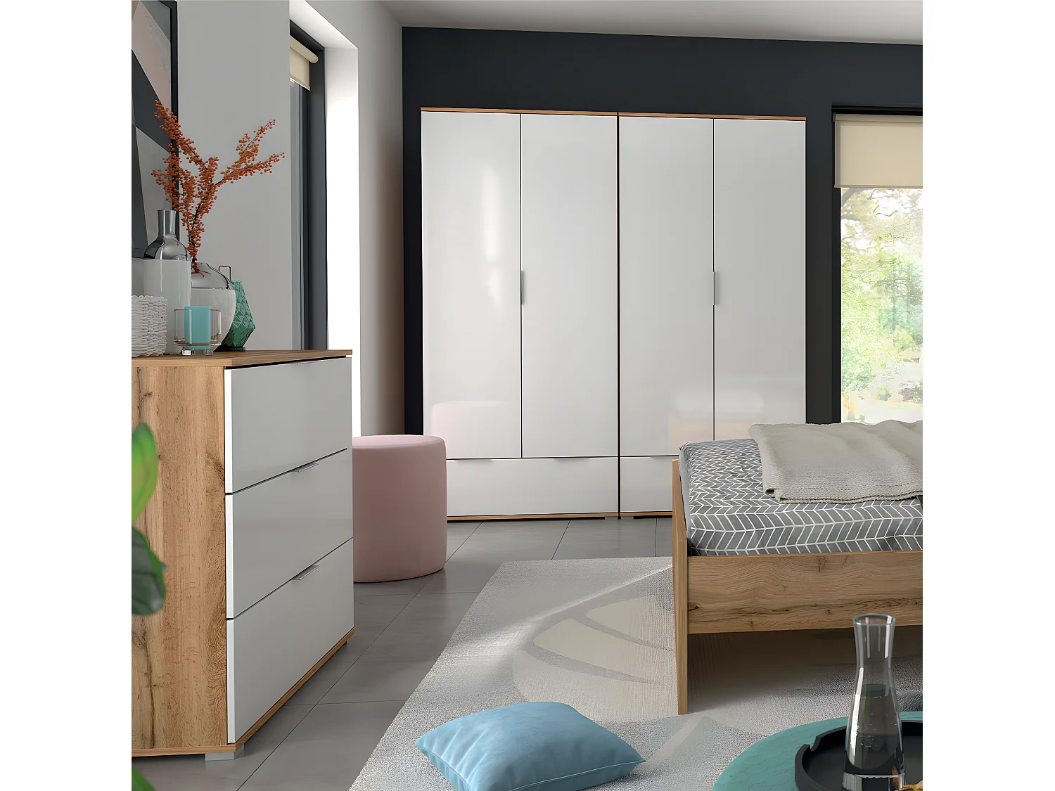 Armoire 2 portes 1 tiroir Selma Blanc et Bois