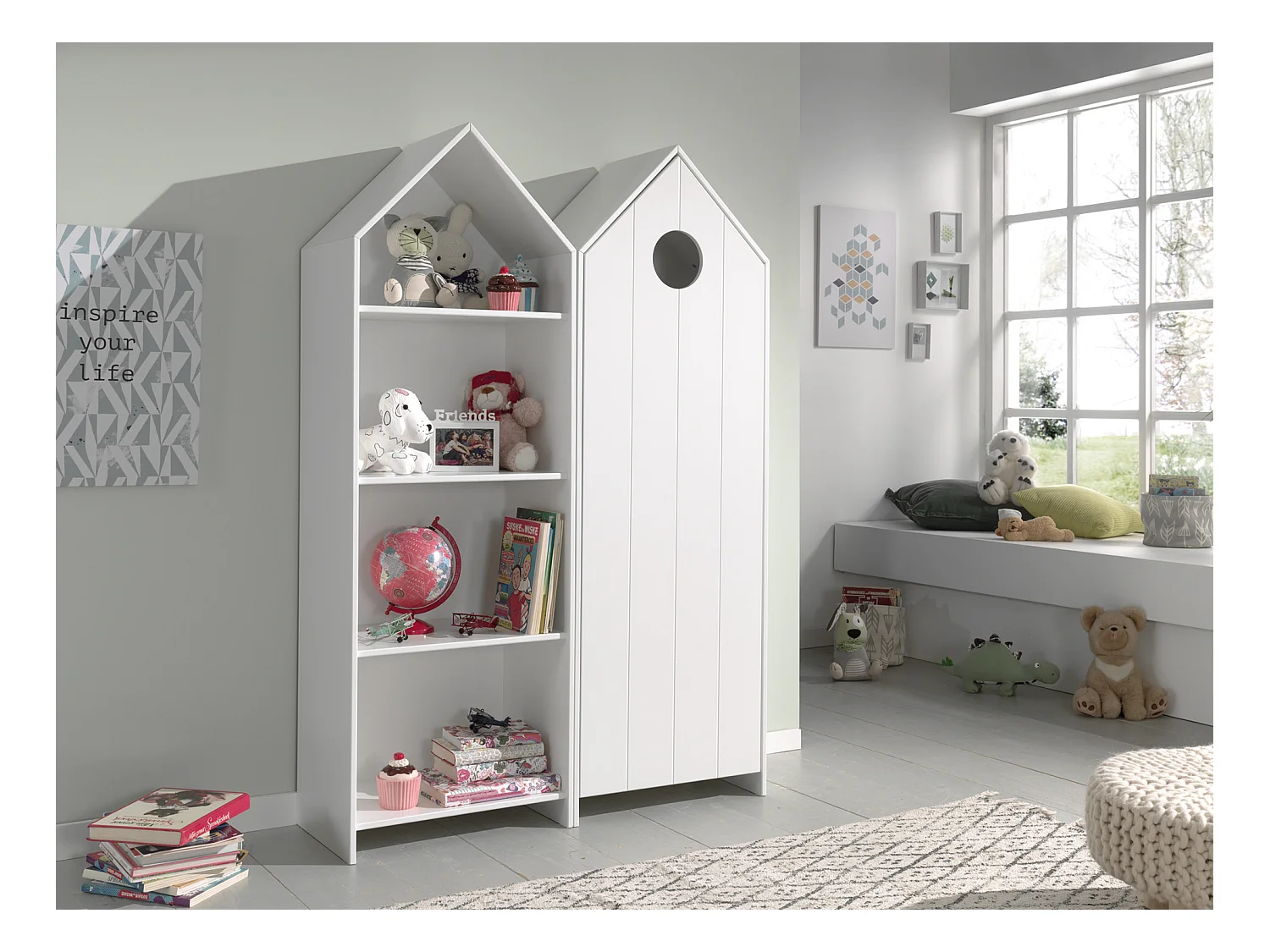 Armario infantil 1 puerta cabaña playa madera lacada blanca Camila