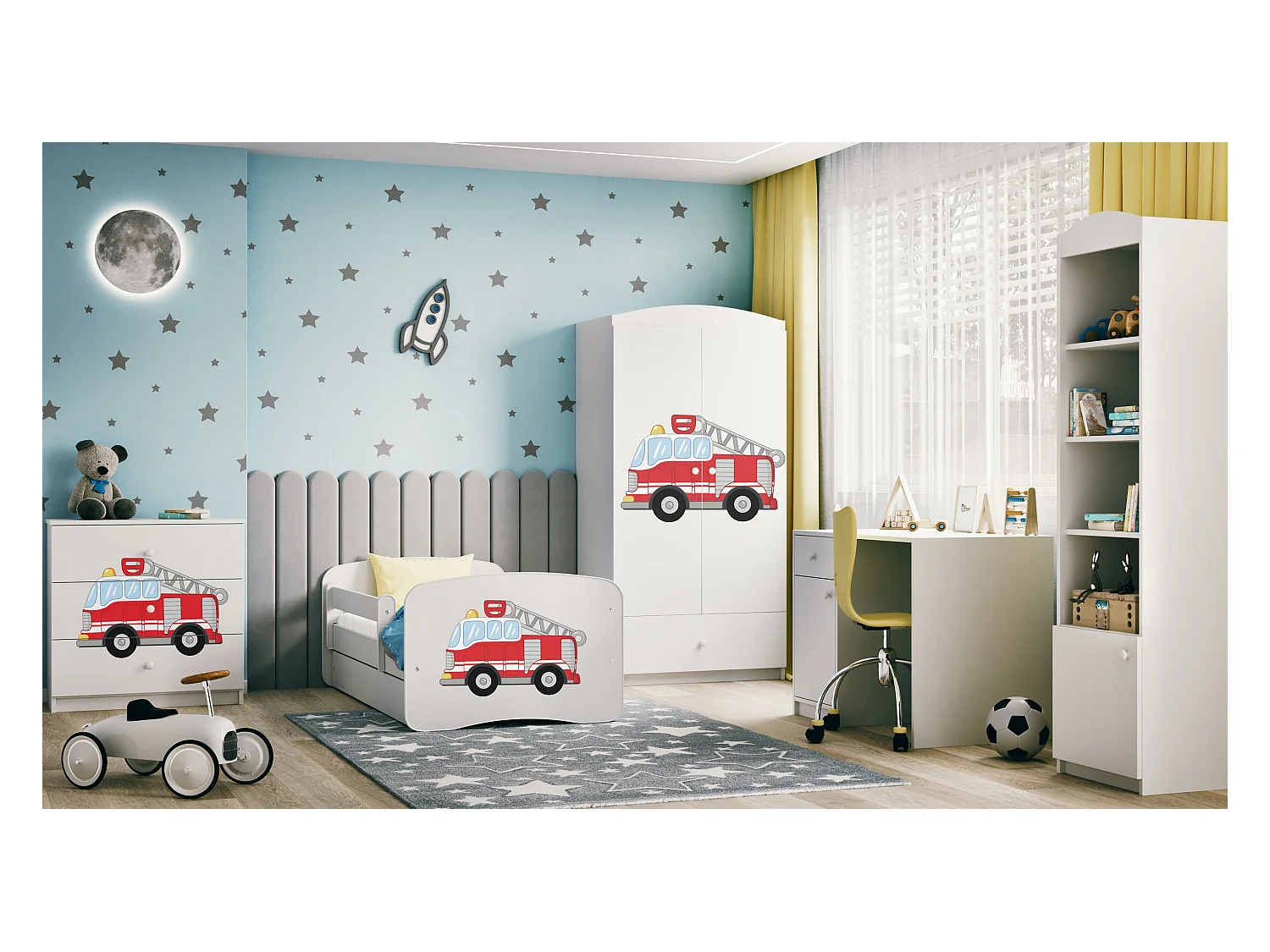 Schrank 2 Türen 1 Schublade Kocot Kids Babydream Feuerwehr - Weiß