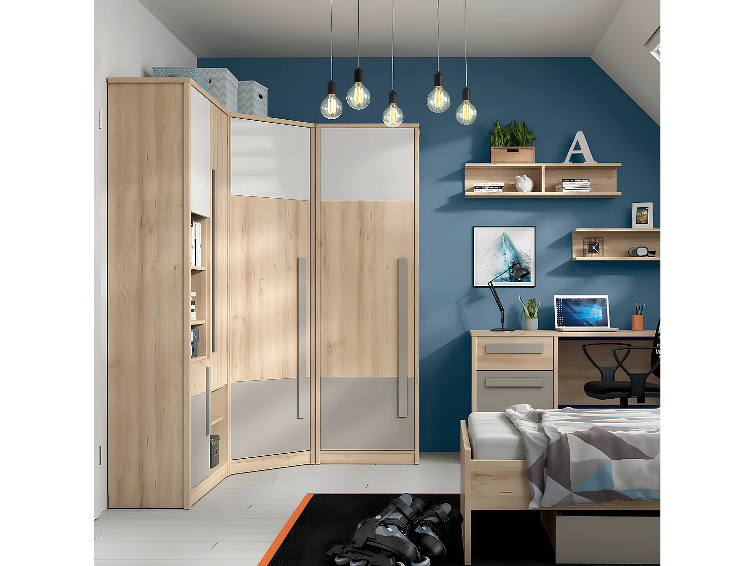 Armoire 3 portes Stella Bois Gris et Blanc