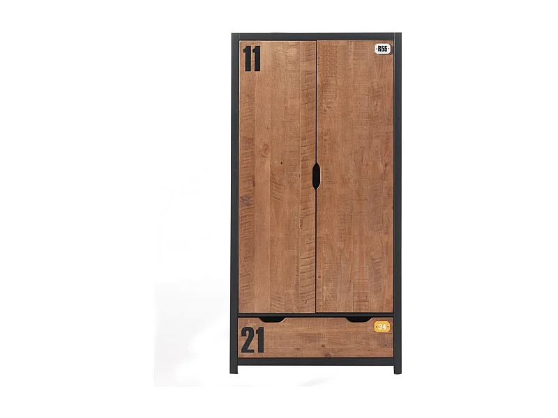 Alex 2-deurs 1 lade massief grenen donker en zwarte kledingkast