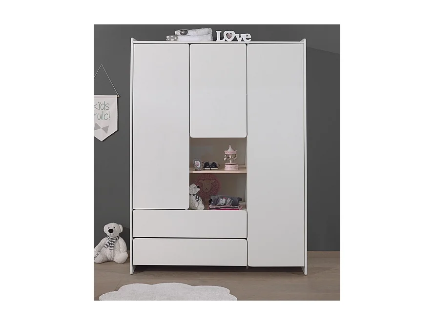 Armoire 3 Portes & 2 Tiroirs "Kiddy" 190cm Blanc
