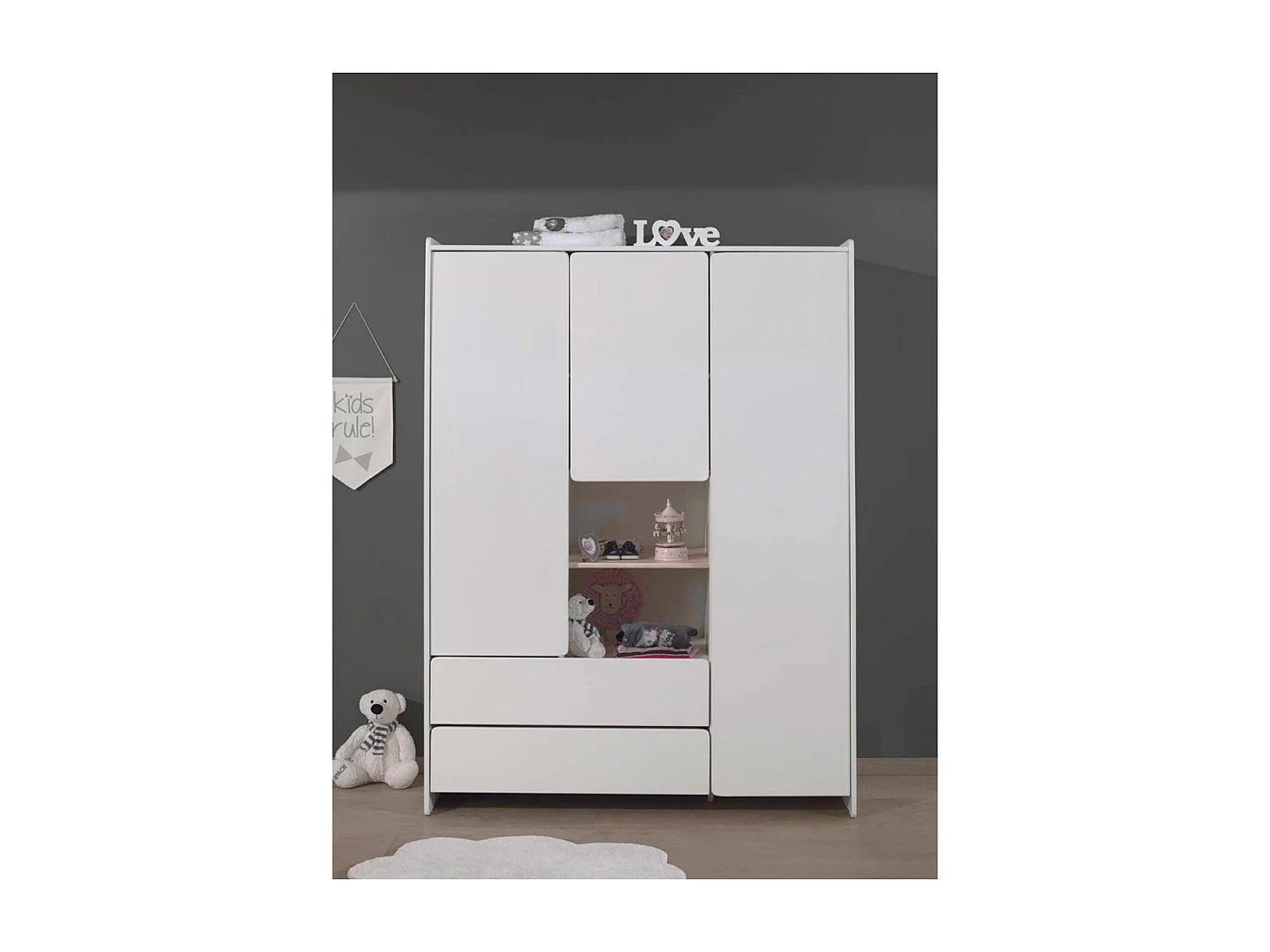 Armoire 3 Portes & 2 Tiroirs "Kiddy" 190cm Blanc