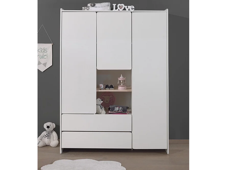 Armoire 3 Portes & 2 Tiroirs "Kiddy" 190cm Blanc