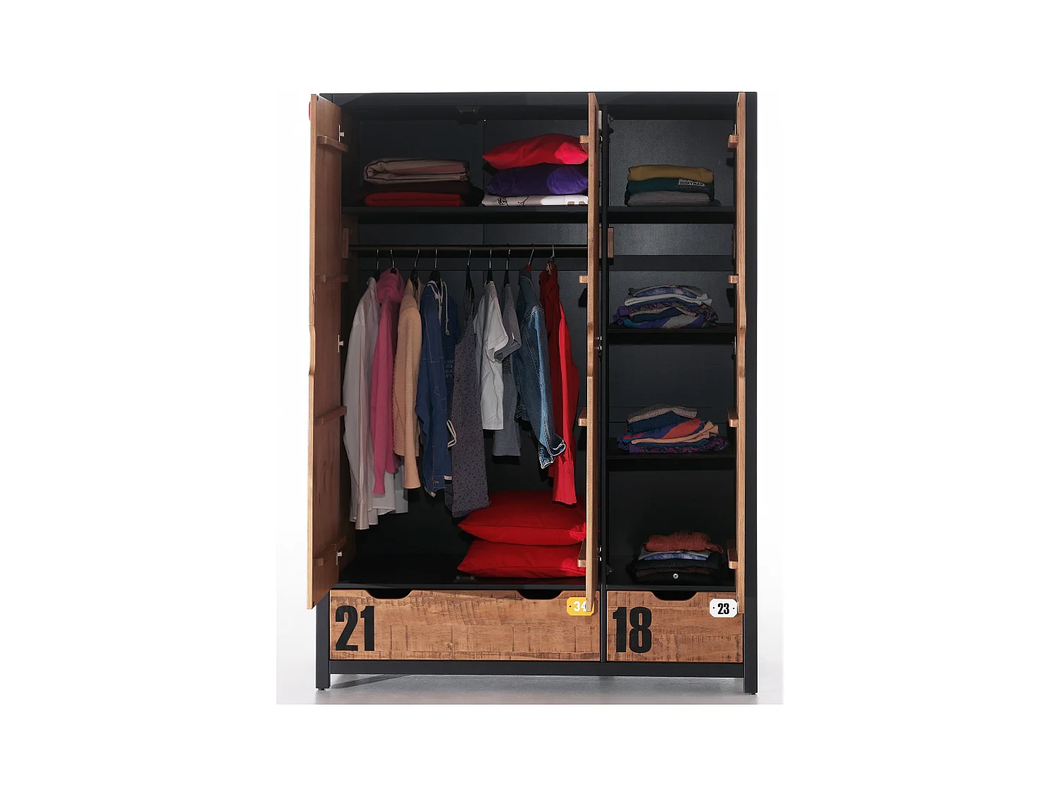 Armario Alex de 3 puertas y 2 cajones de pino macizo oscuro y negro.