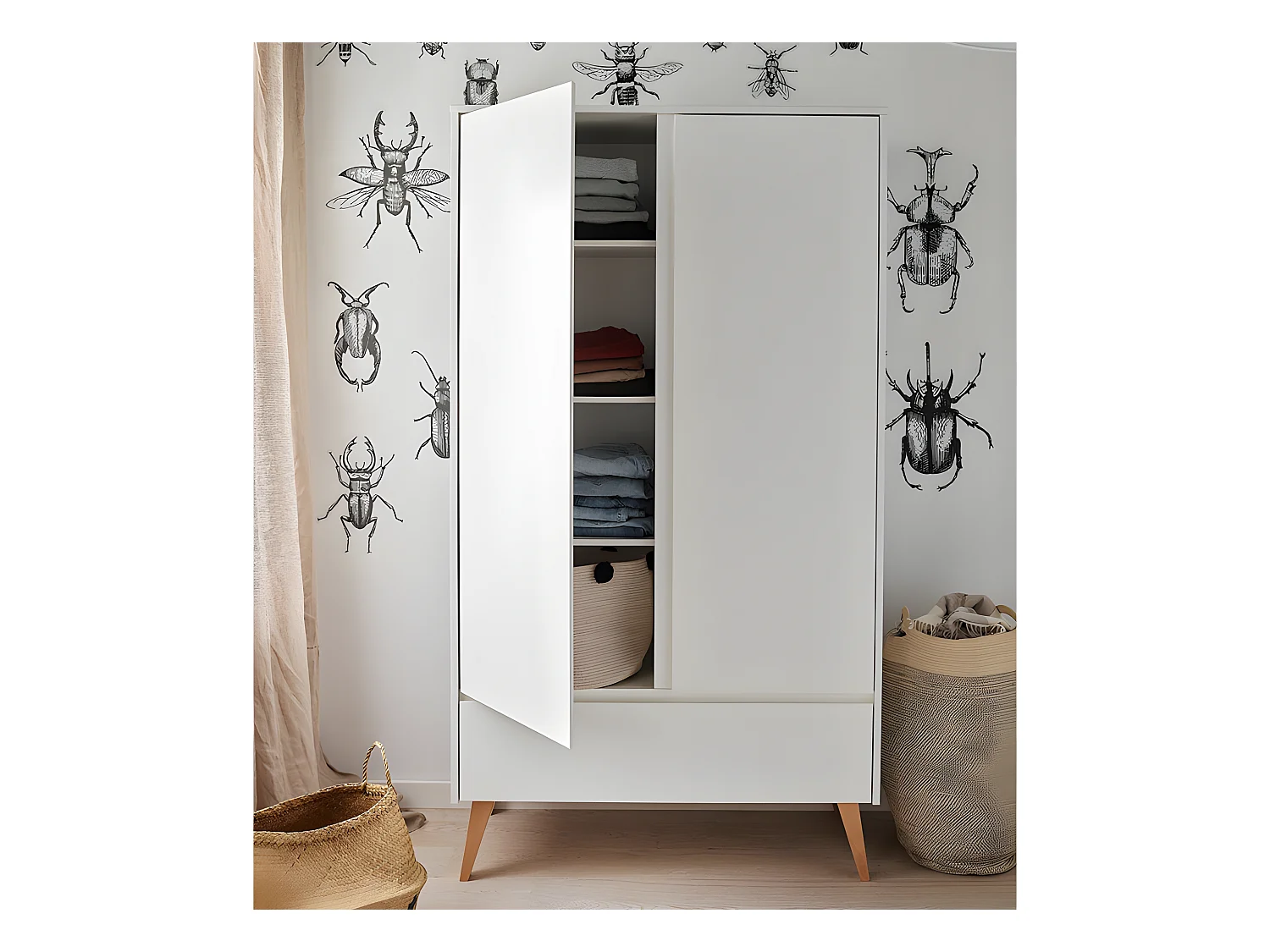 Armoire 2 portes 1 tiroir Swing - Blanc et bois