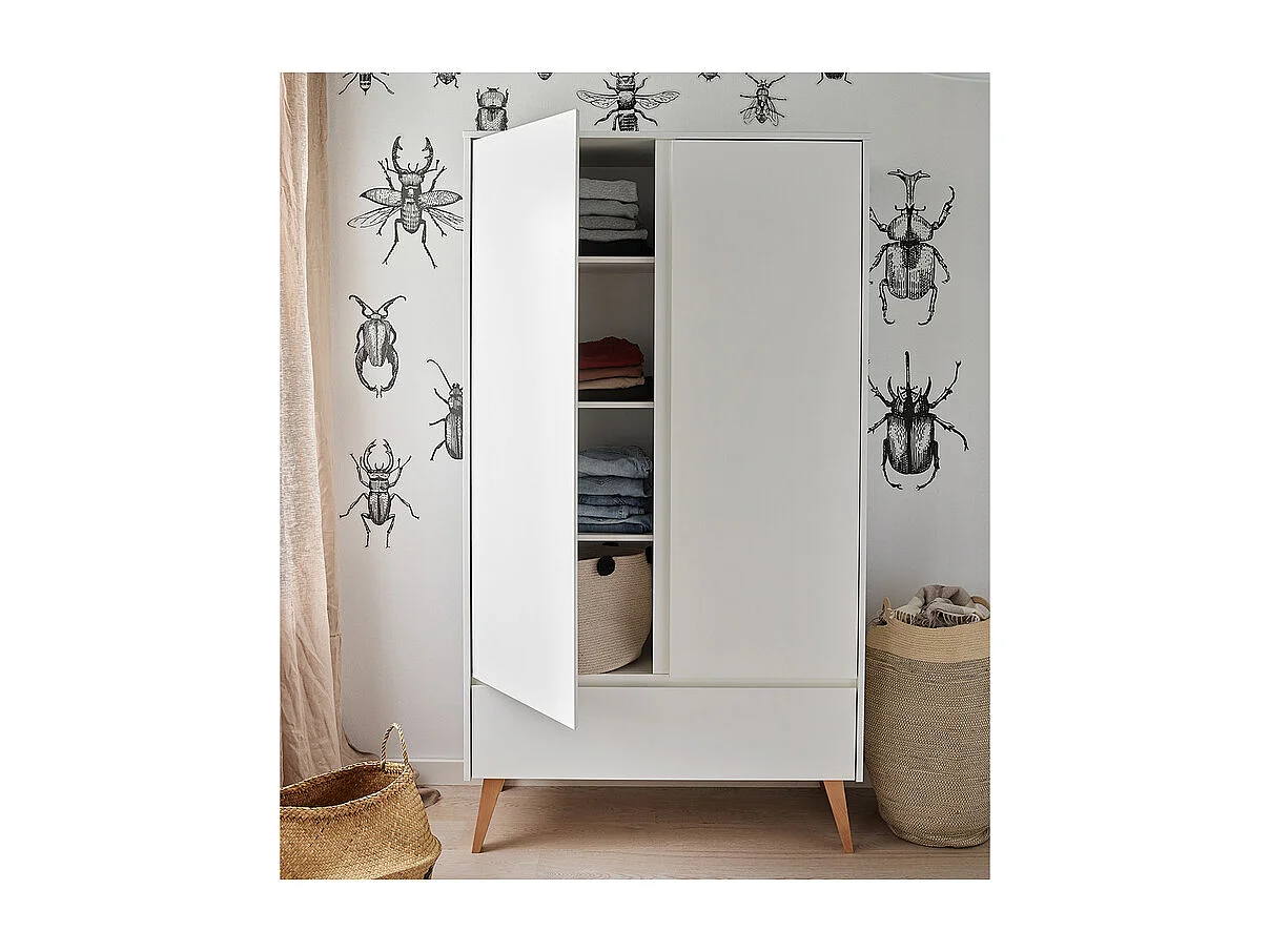 Armoire 2 portes 1 tiroir Swing - Blanc et bois