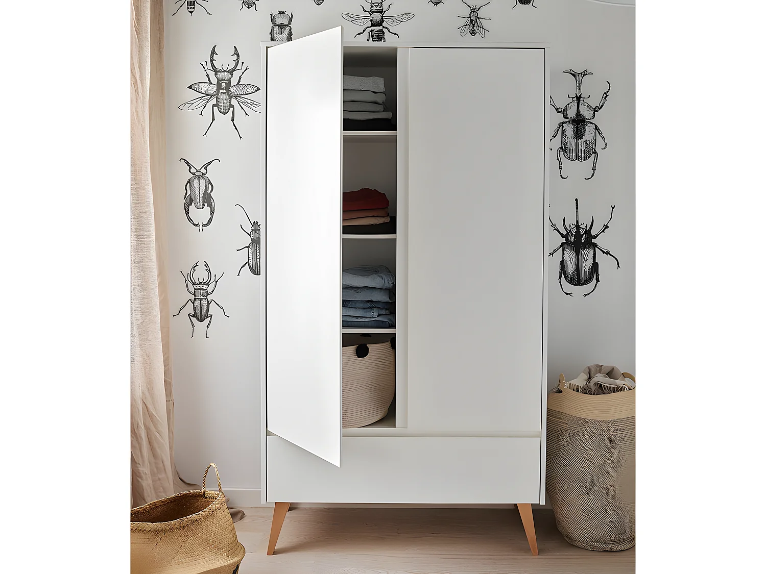 Armoire 2 portes 1 tiroir Swing - Blanc et bois