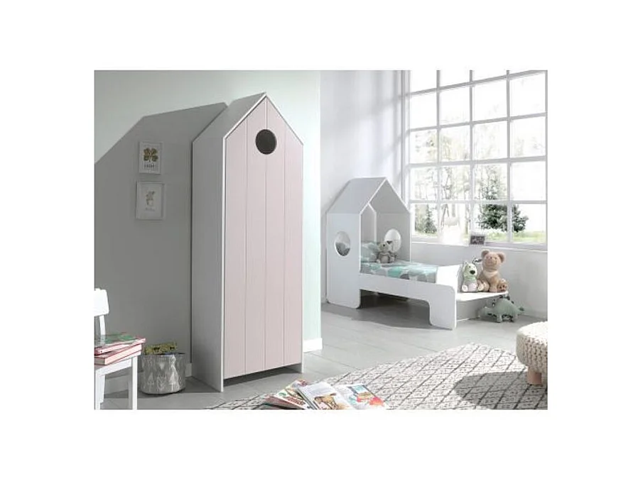 Armario infantil 1 puerta cabaña playa madera lacada rosa Camila