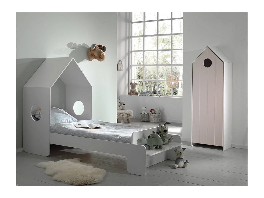 Armario infantil 1 puerta cabaña playa madera lacada rosa Camila