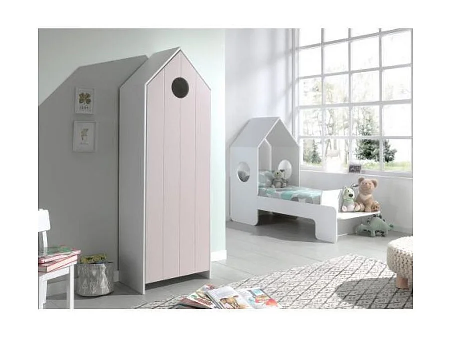 Kinderkledingkast 1 deur strandhuisje roze gelakt hout Camila