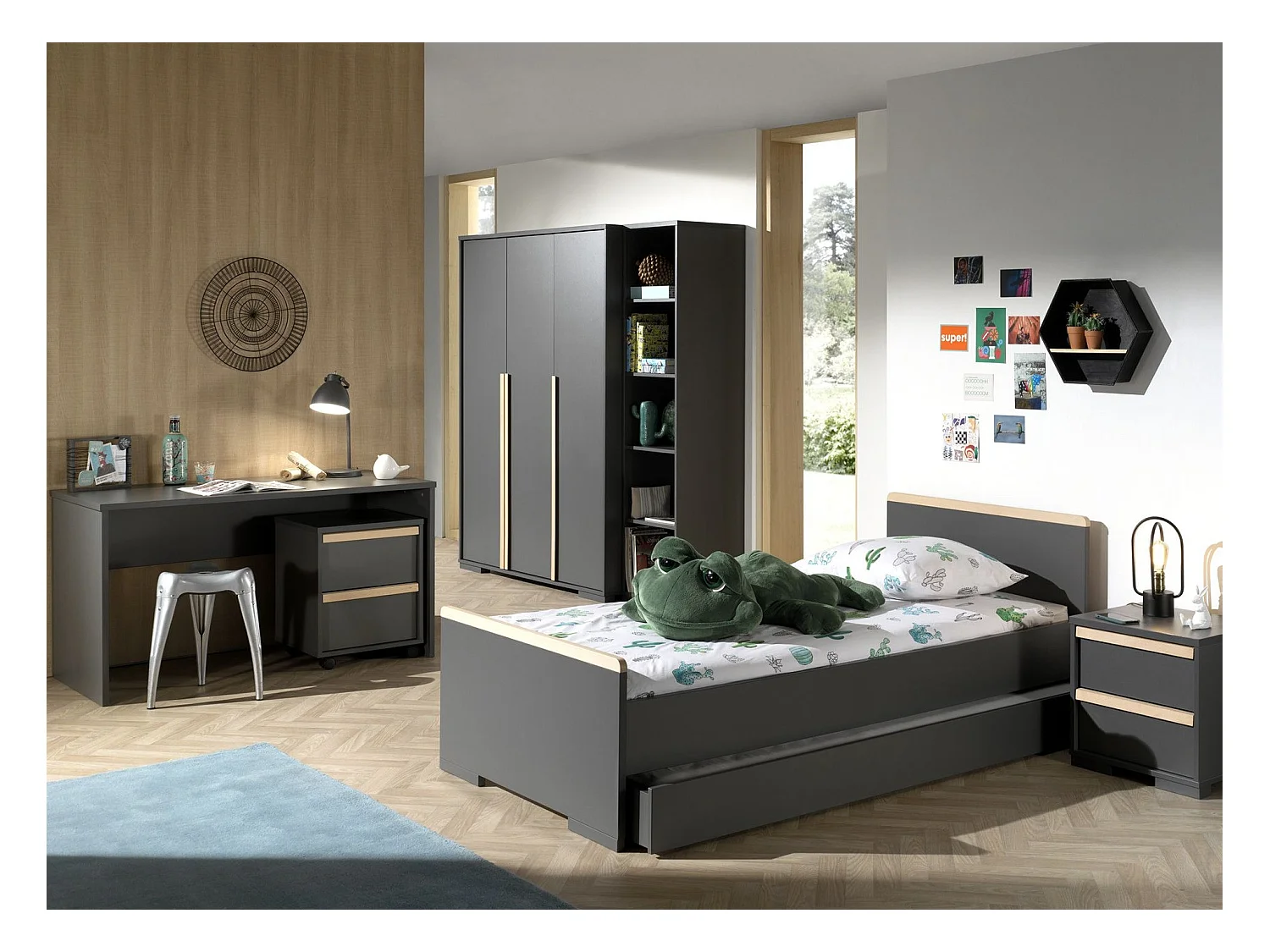 Armario 3 puertas London madera de haya gris antracita