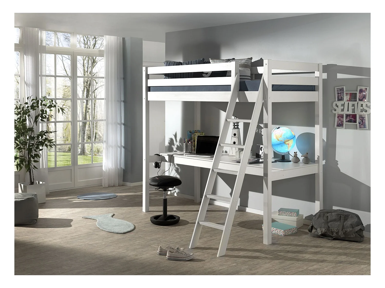 Lit Mezzanine & Plan de Travail "Pino" 90x200cm Blanc