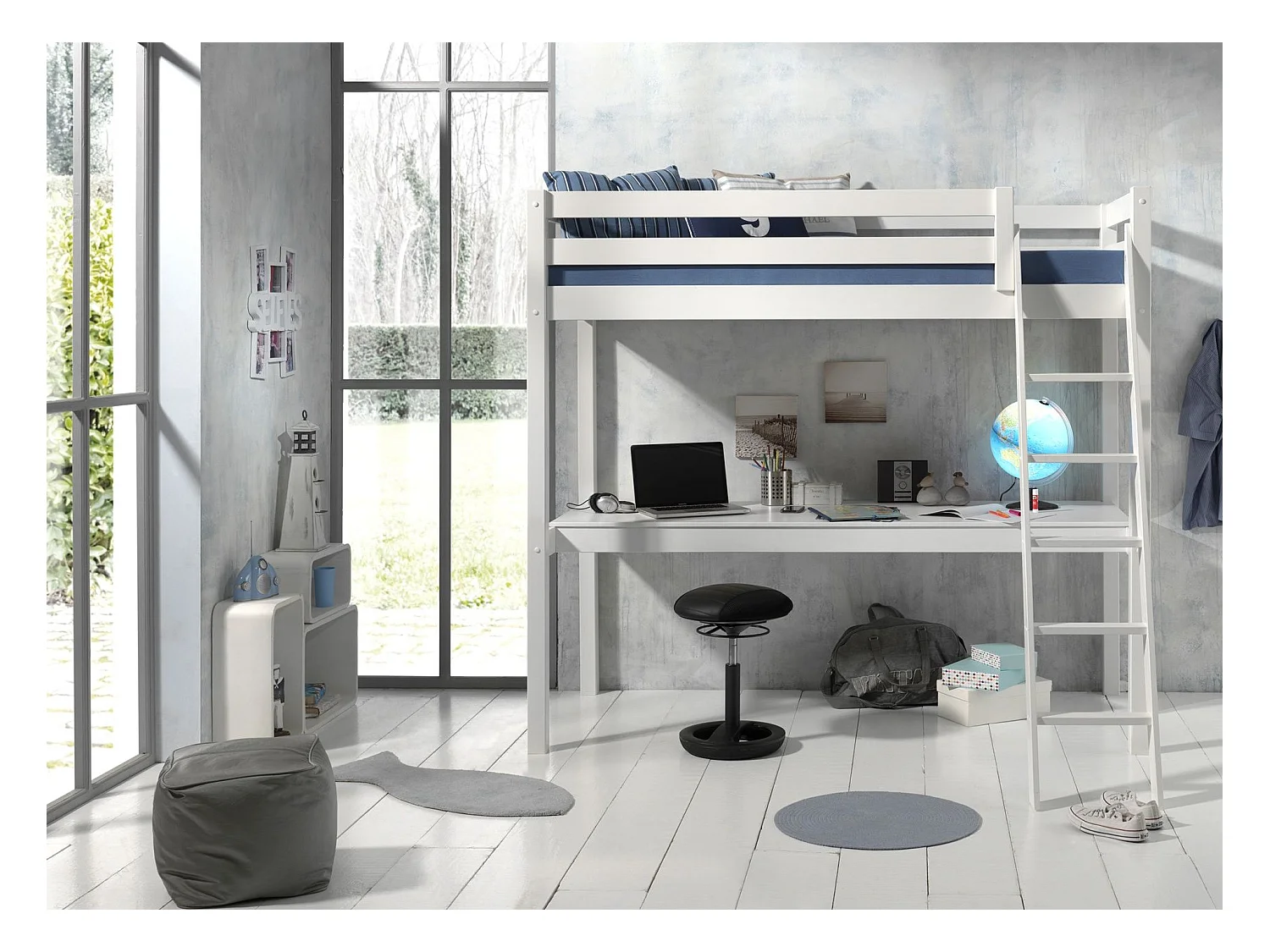 Lit Mezzanine & Plan de Travail "Pino" 90x200cm Blanc