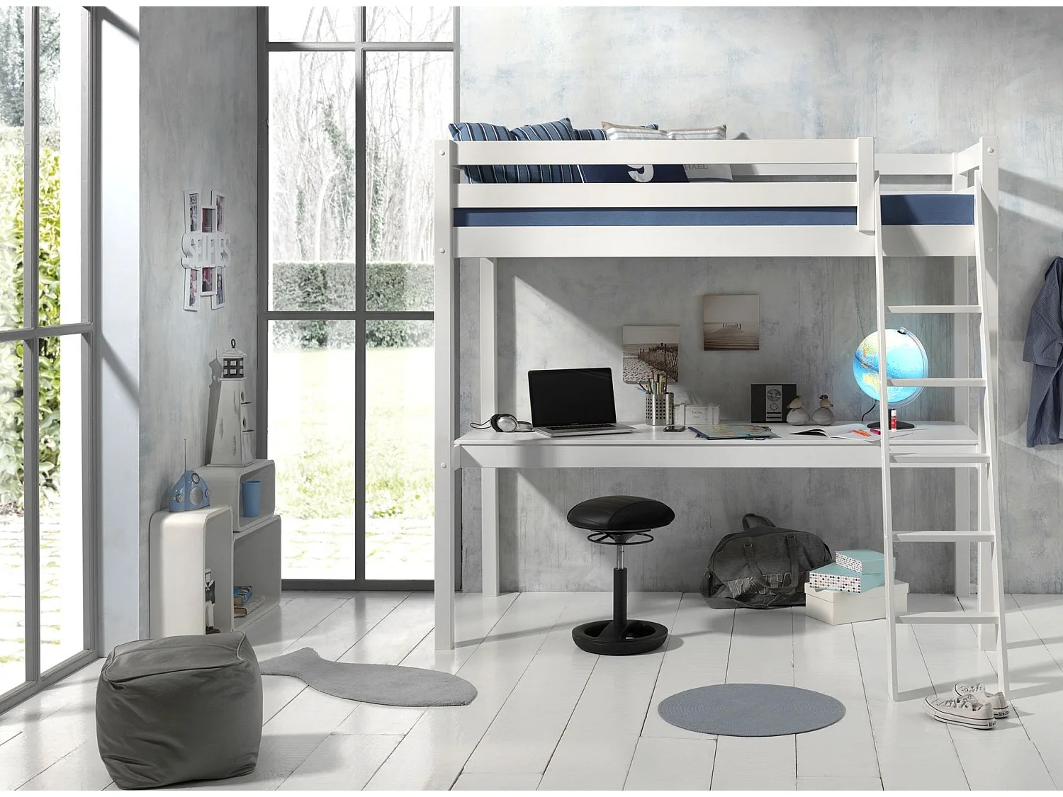 Lit Mezzanine & Plan de Travail "Pino" 90x200cm Blanc