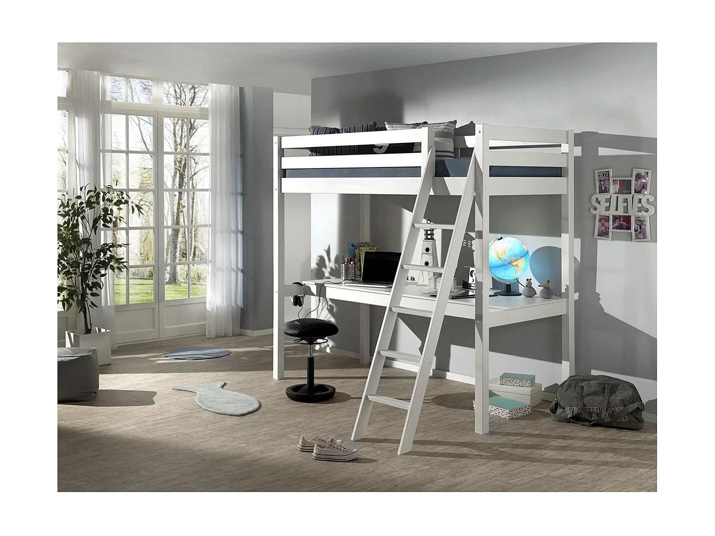 Lit Mezzanine & Plan de Travail "Pino" 90x200cm Blanc