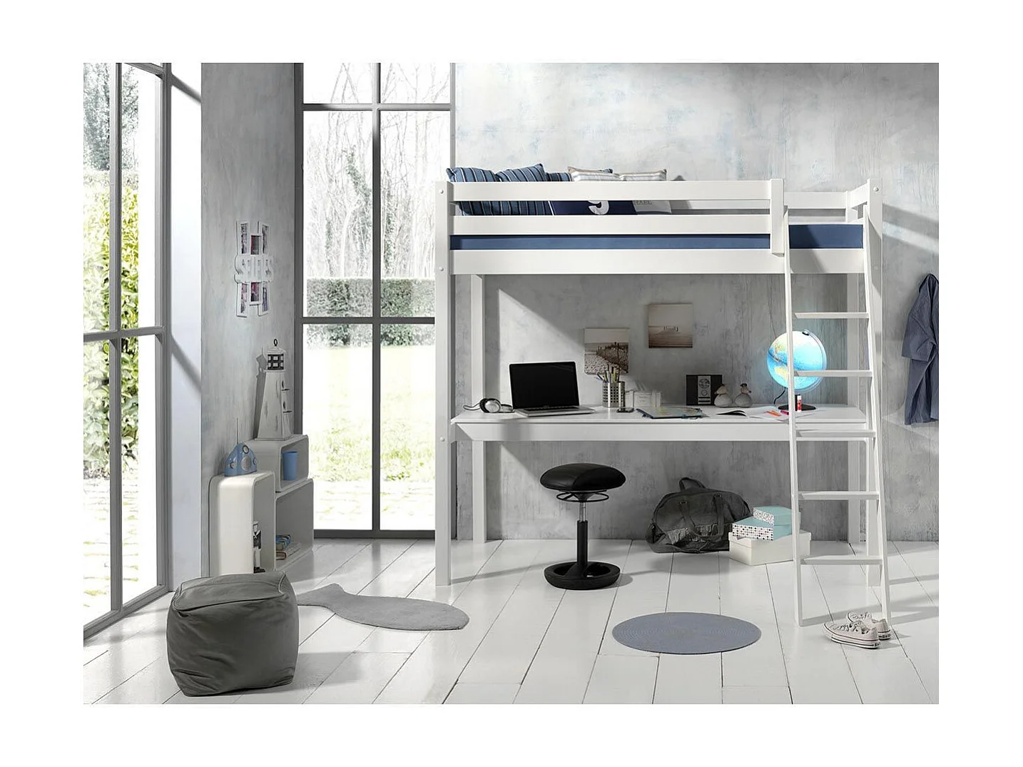 Lit Mezzanine & Plan de Travail "Pino" 90x200cm Blanc