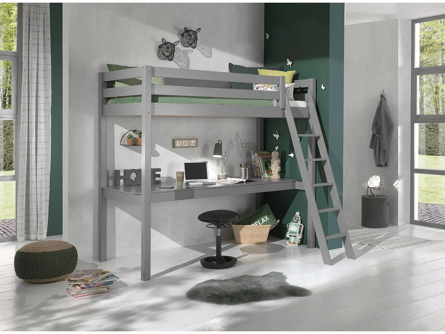 Cama mezzanine Vipack Pino 90x200 com estrado de molas e secretária - Cinzento