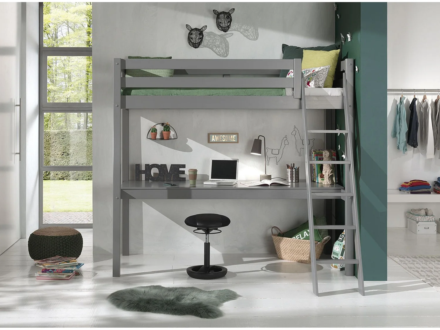 Cama mezzanine Vipack Pino 90x200 com estrado de molas e secretária - Cinzento