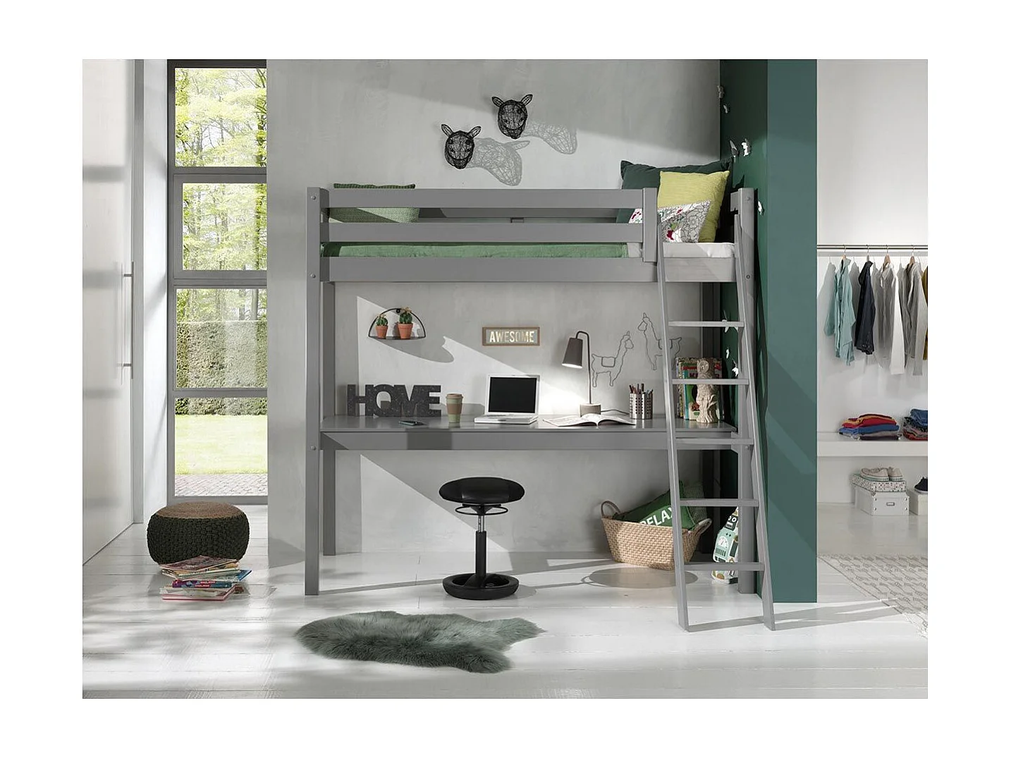 Lit Mezzanine & Plan de Travail "Pino" 90x200cm Gris
