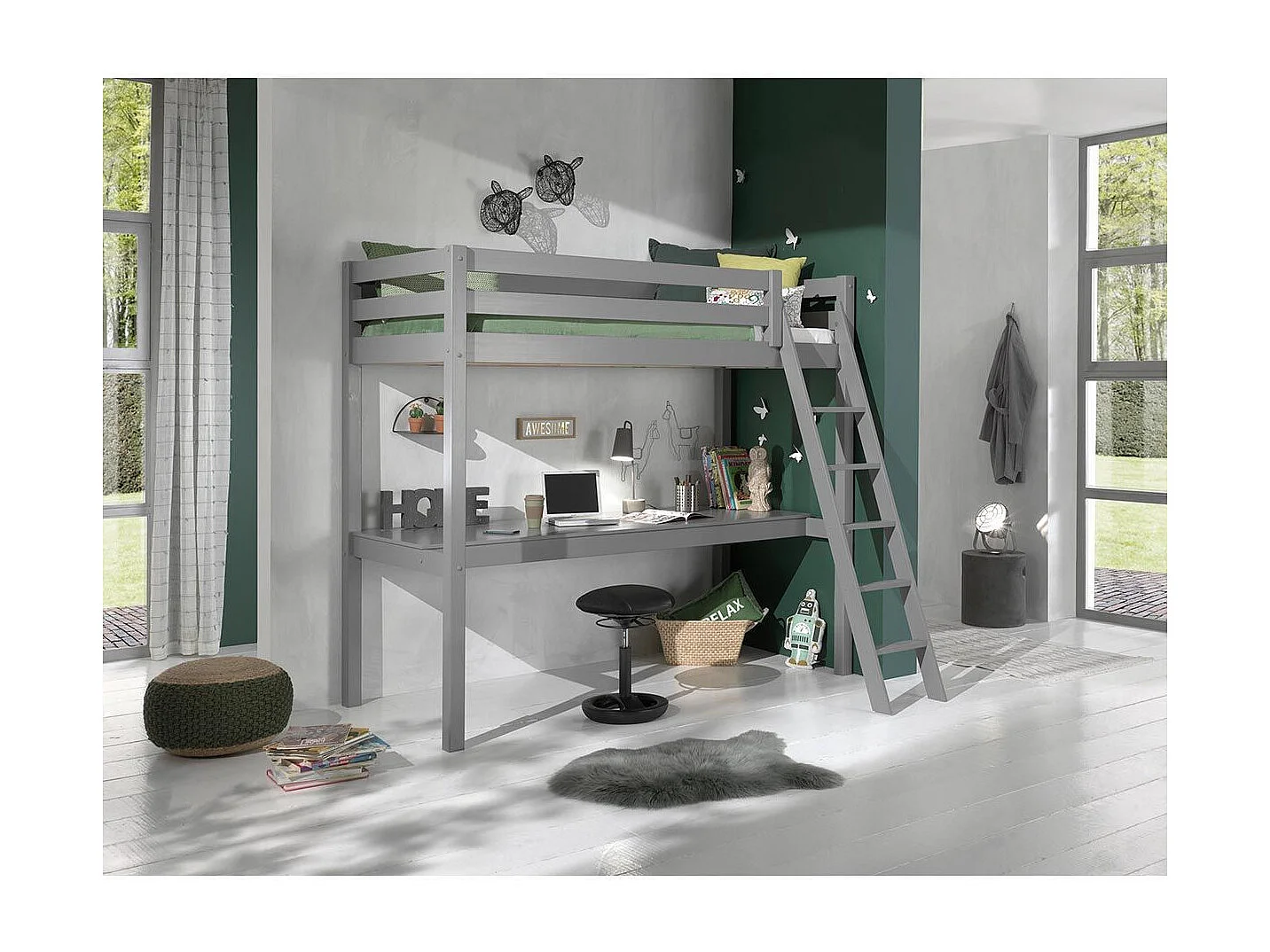 Lit Mezzanine & Plan de Travail "Pino" 90x200cm Gris