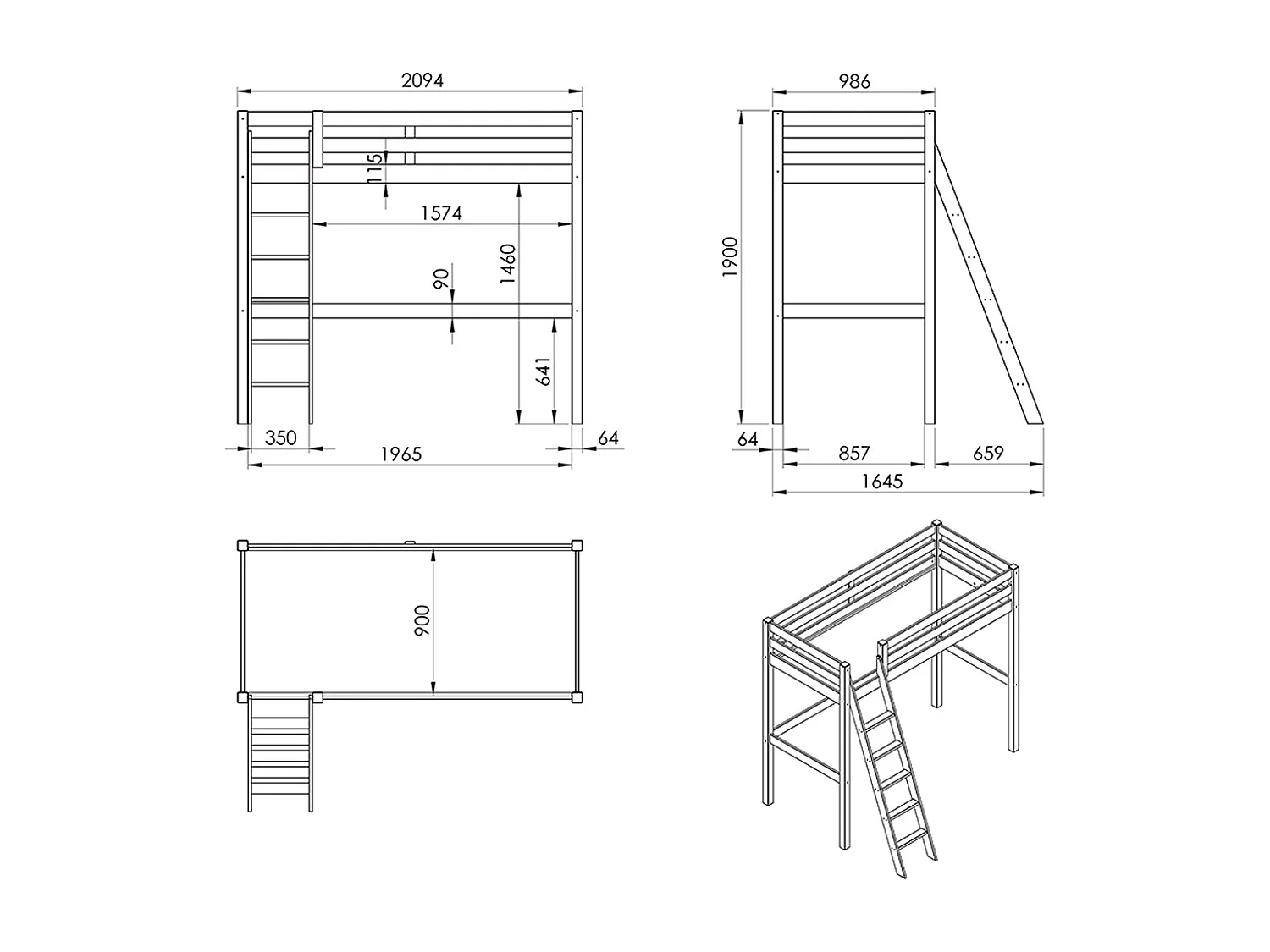 Lit Mezzanine Enfant "Pino" 90x200cm Gris