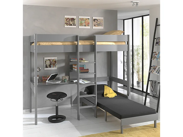 Gecombineerd bed met fauteuil 90x200 cm massief grenen grijs Pino