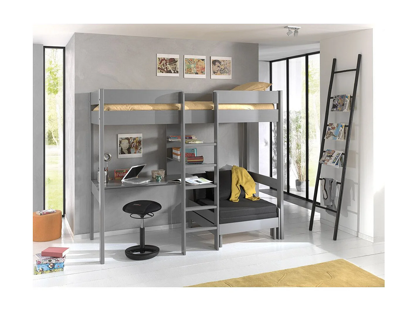 Lit Mezzanine Avec Fauteuil "Pino" 90x200cm Gris