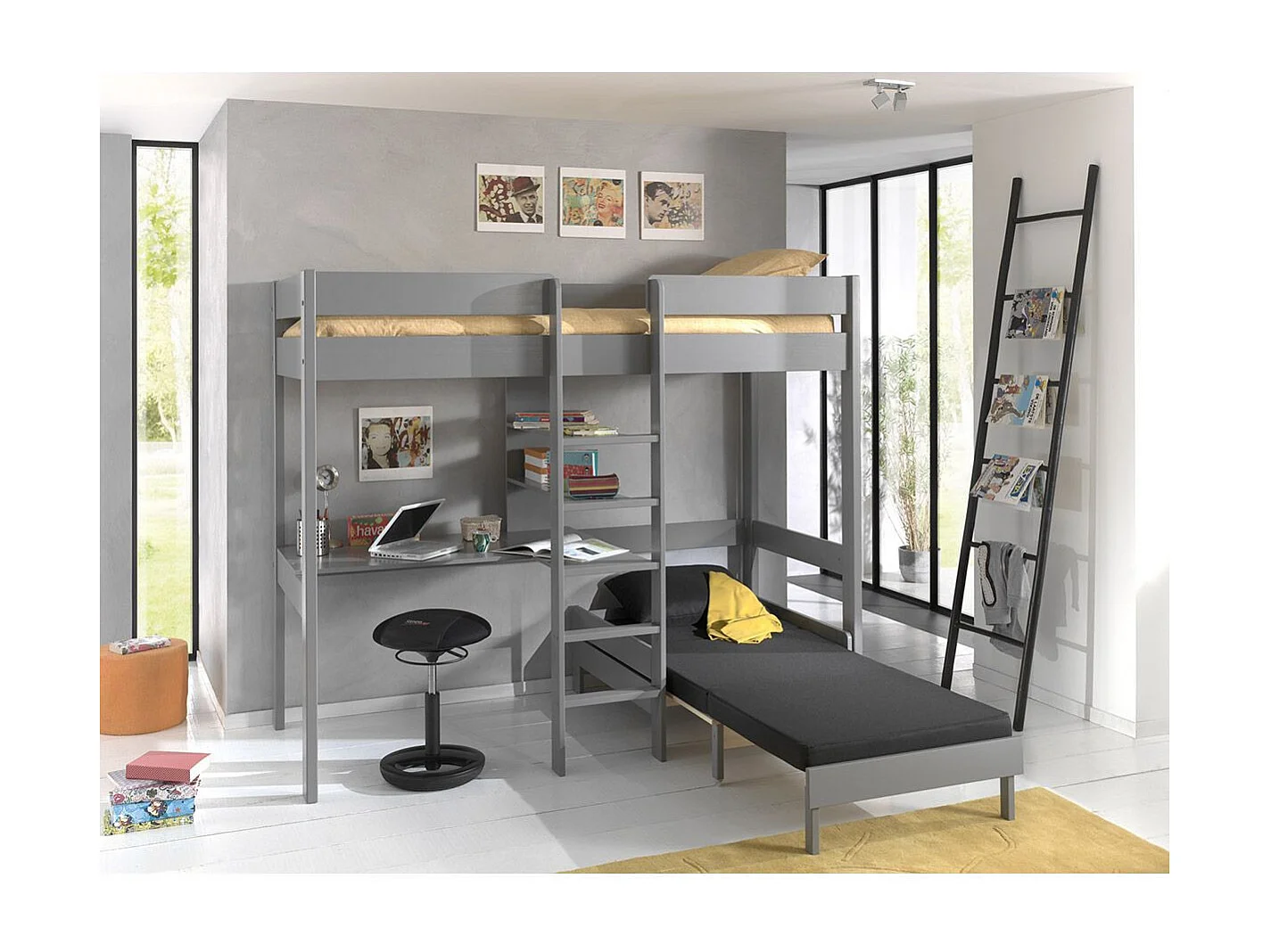 Lit Mezzanine Avec Fauteuil "Pino" 90x200cm Gris