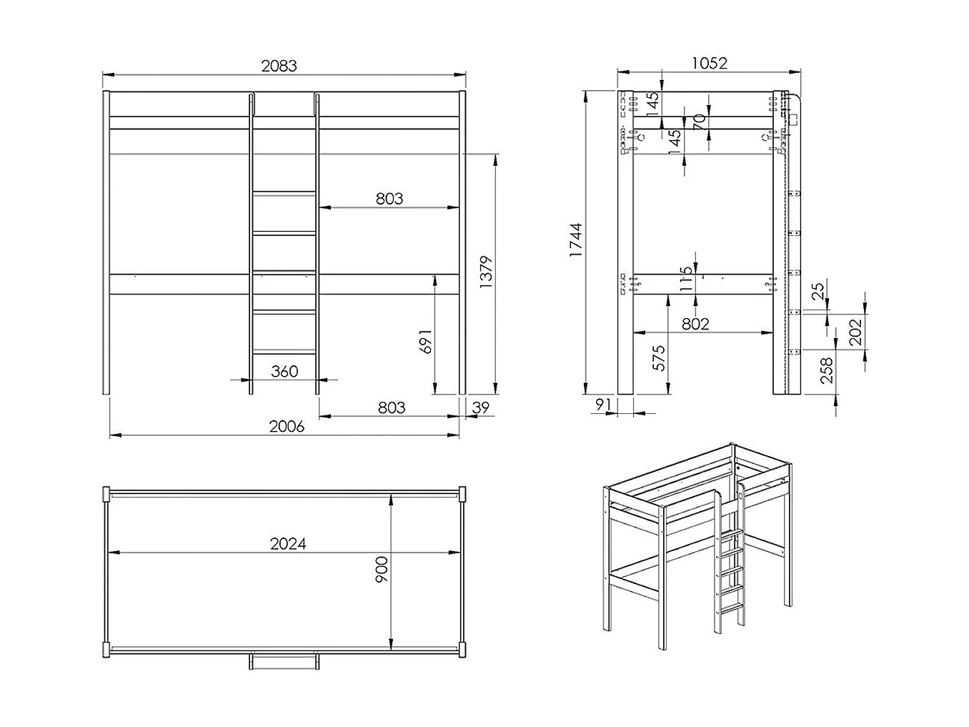 Lit Mezzanine Avec Fauteuil "Pino" 90x200cm Gris