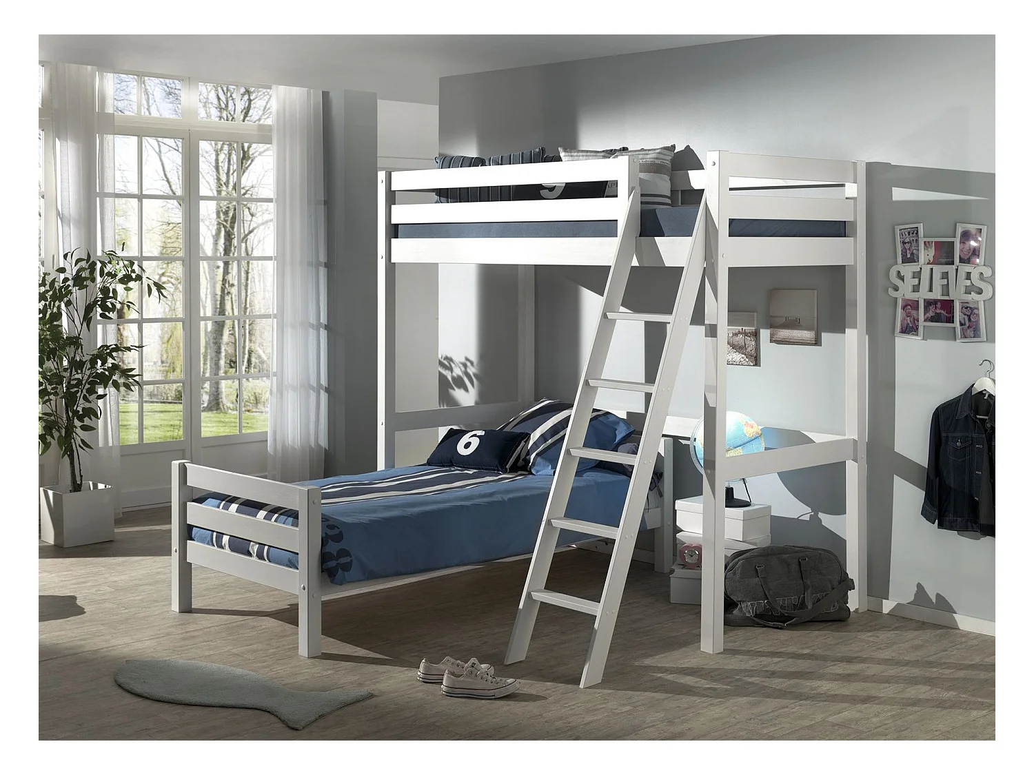 Pack - Lit Mezzanine Enfant & Lit Simple "Pino" 90x200cm Blanc