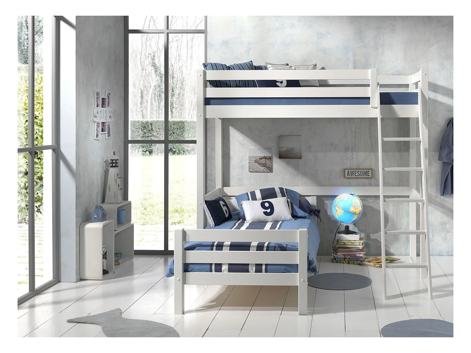 Pack - Lit Mezzanine Enfant & Lit Simple "Pino" 90x200cm Blanc