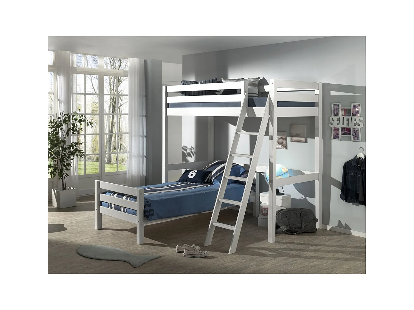 Pack - Lit Mezzanine Enfant & Lit Simple "Pino" 90x200cm Blanc