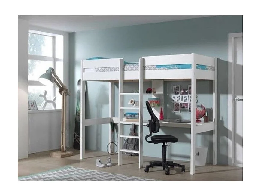 Lit Mezzanine & Bureau Enfant "Pino" 90x200cm Blanc