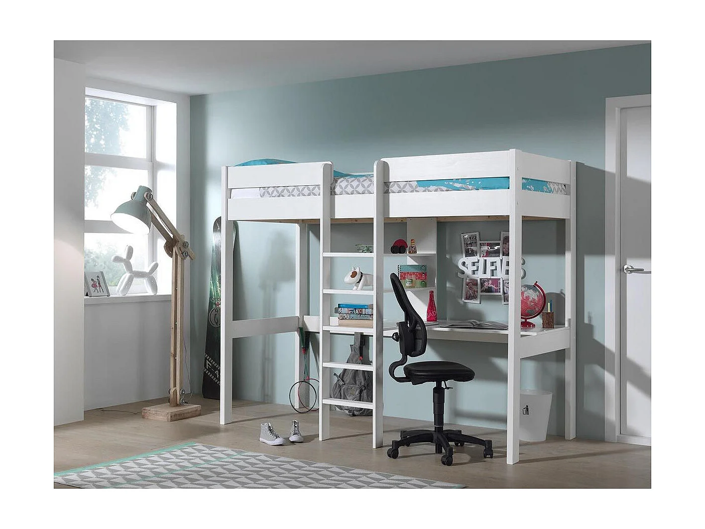 Lit Mezzanine & Bureau Enfant "Pino" 90x200cm Blanc