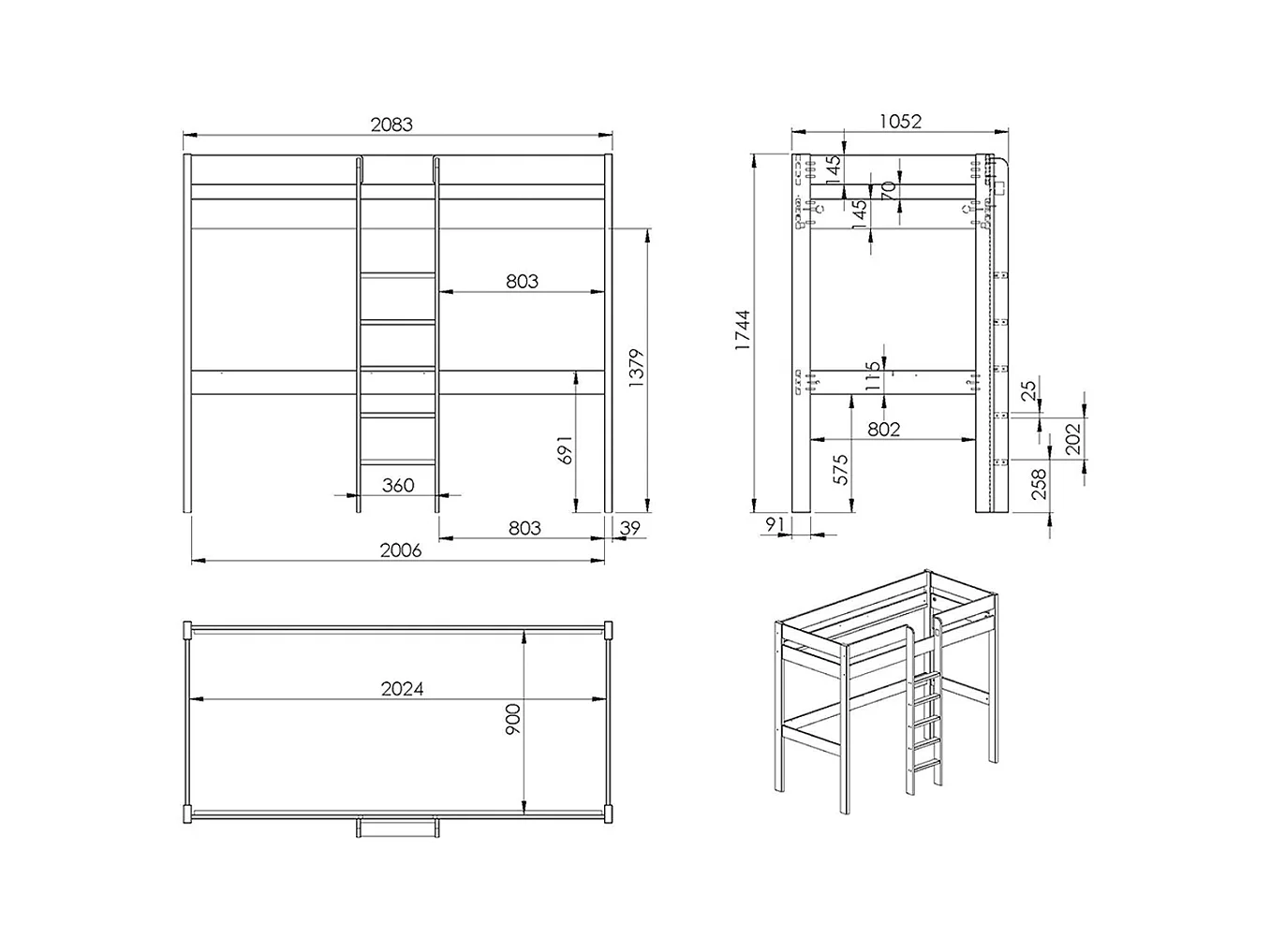 Gecombineerd bed met fauteuil 90x200 cm massief grenen wit Pino
