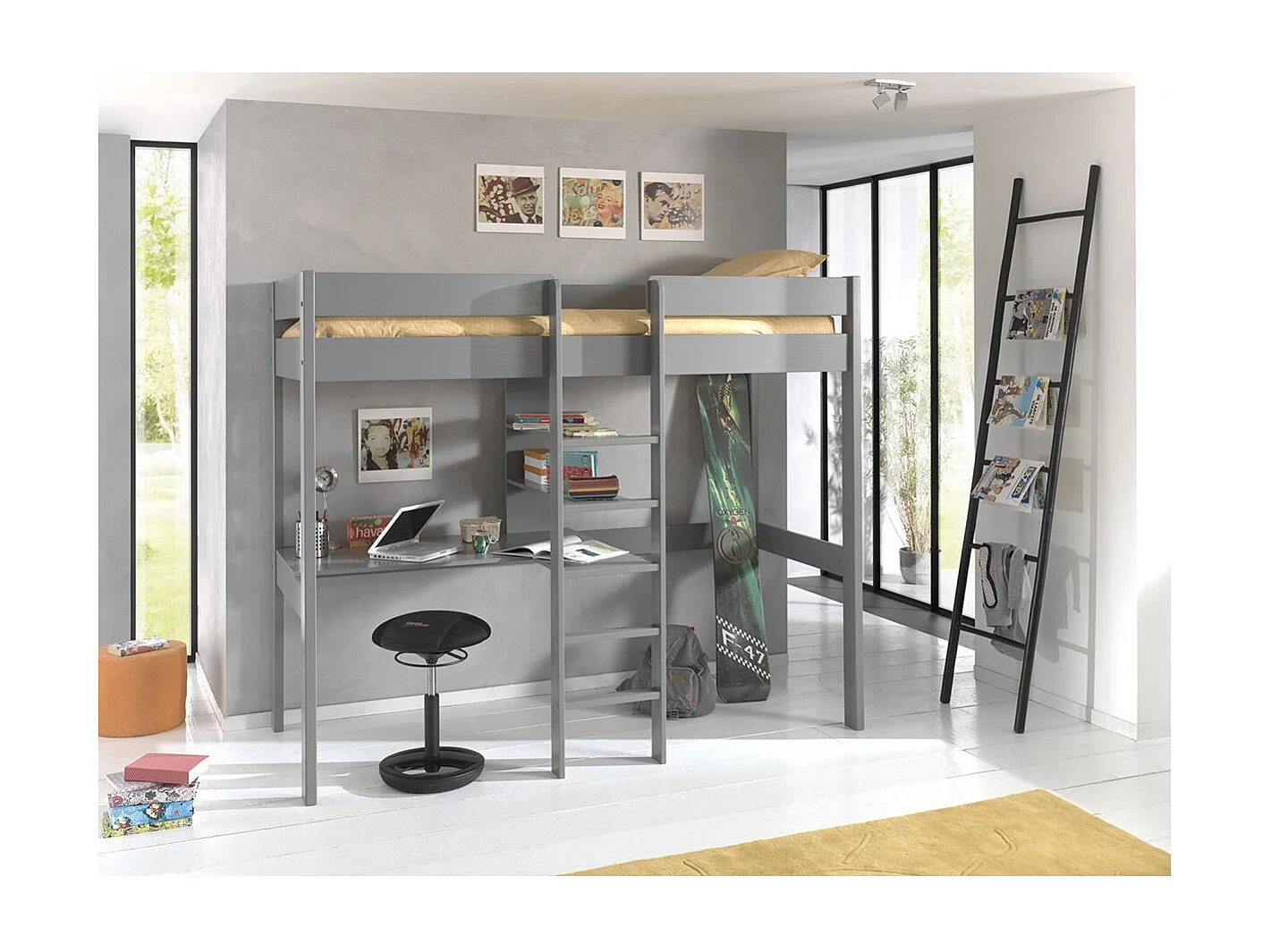 Lit Mezzanine & Bureau Enfant "Pino" 90x200cm Gris