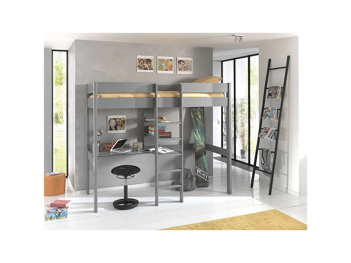 Letto a soppalco 90x200 con rete a doghe e scrivania Vipack Pino Grigio
