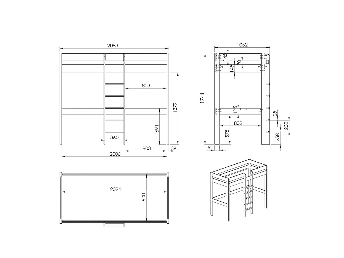 Letto a soppalco 90x200 con rete a doghe e scrivania Vipack Pino Grigio