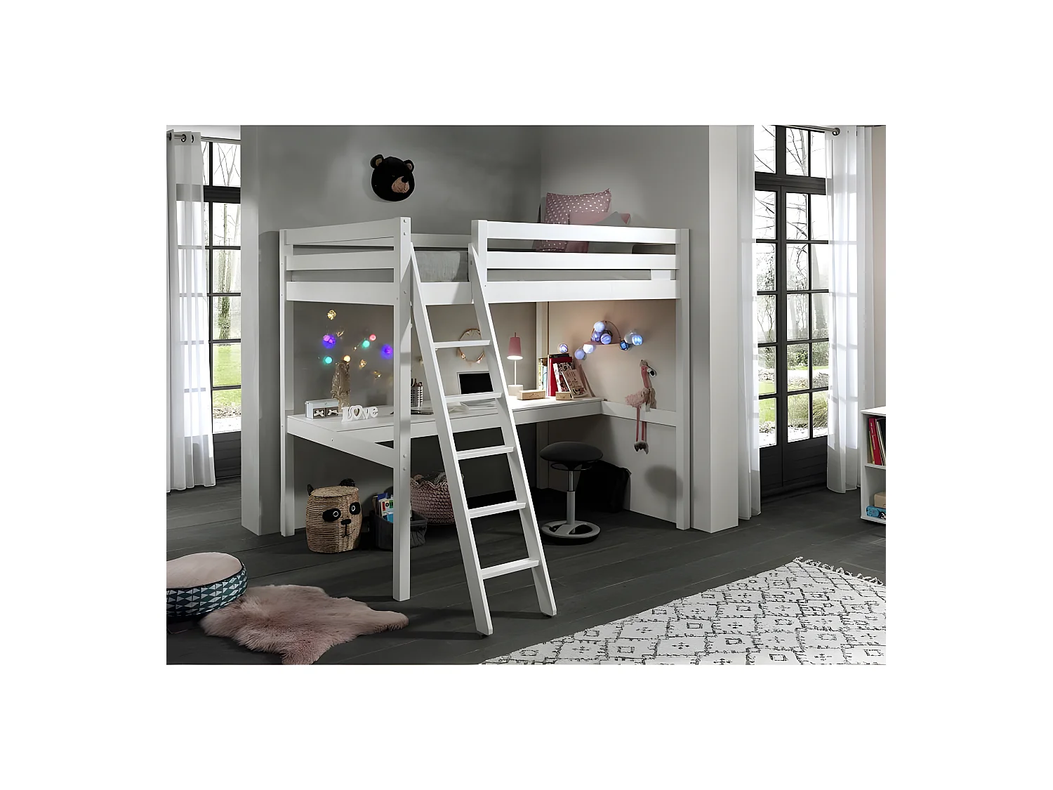 Vipack Pino Letto a soppalco 140x200, incluso il materasso e la scrivania - Bianco