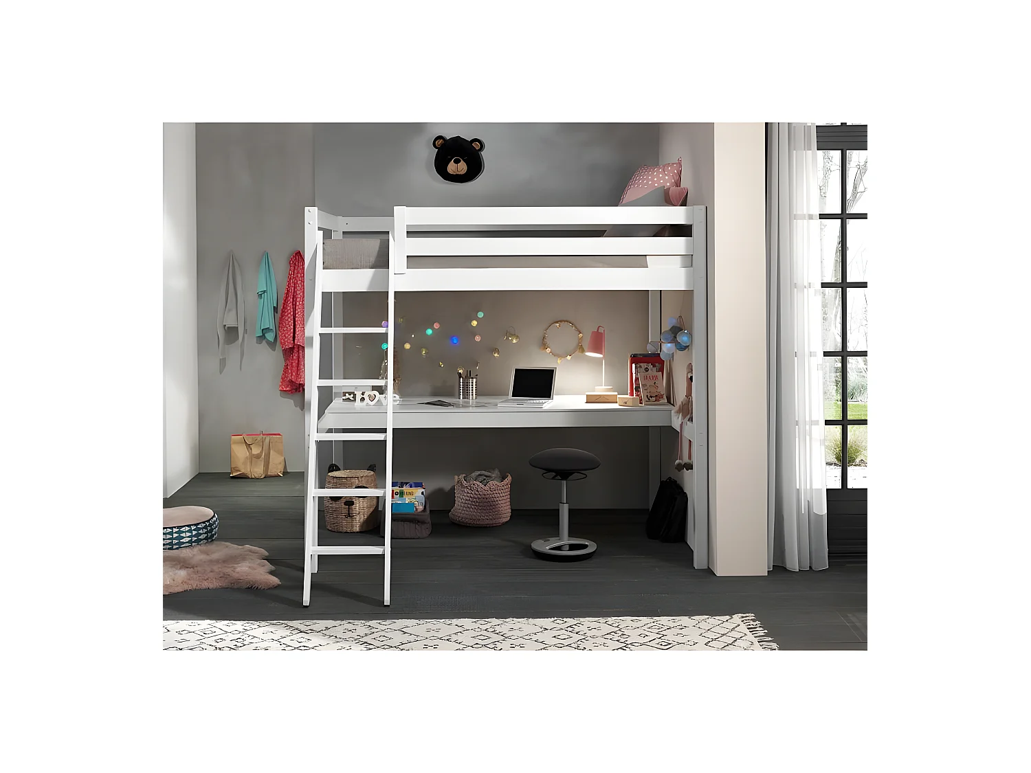 Vipack Pino Letto a soppalco 140x200, incluso il materasso e la scrivania - Bianco