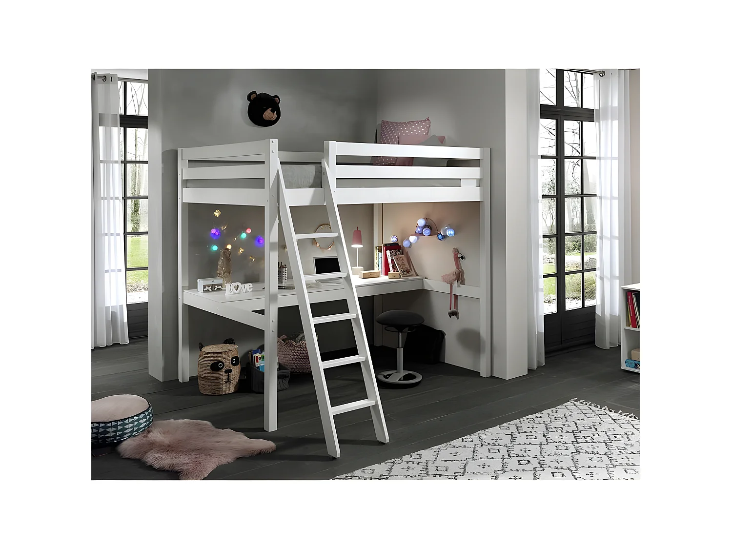 Lit Mezzanine Enfant & Plan de Travail "Pino" 140x200cm Blanc