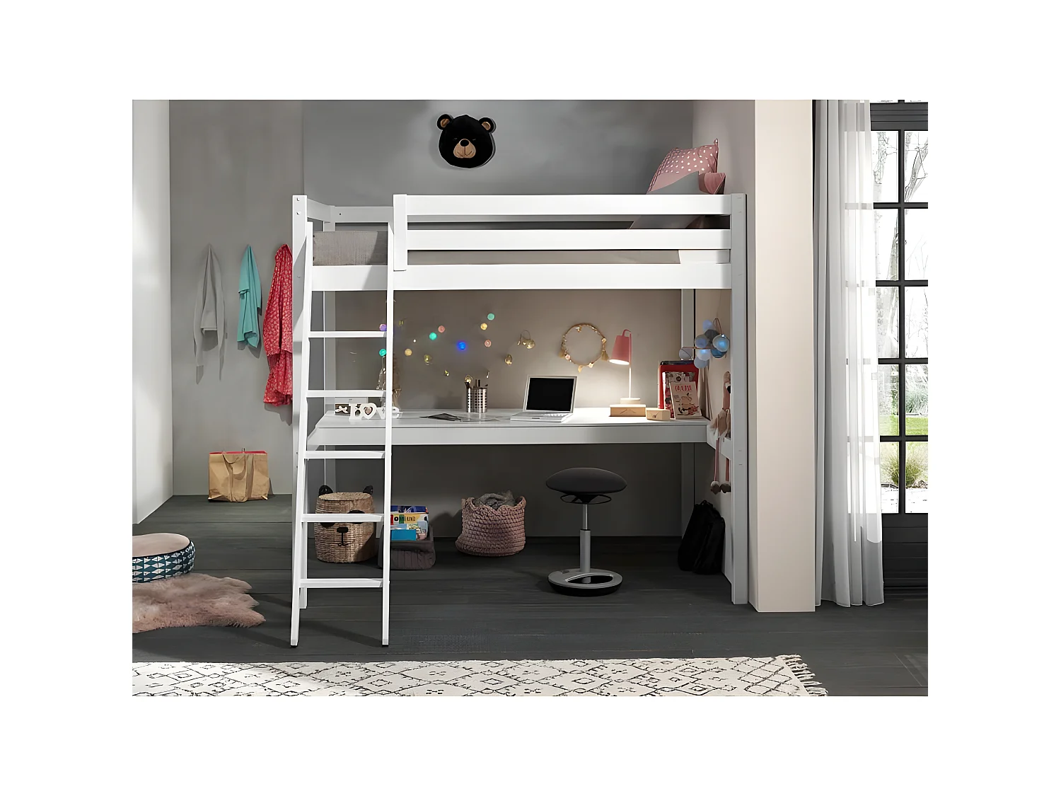 Lit Mezzanine Enfant & Plan de Travail "Pino" 140x200cm Blanc