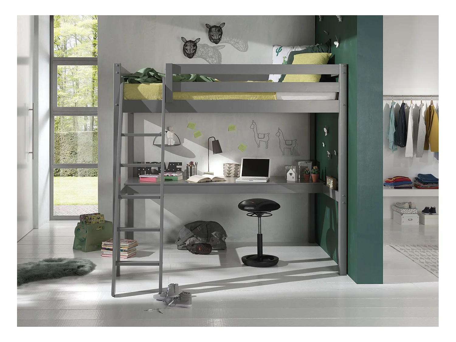 Lit Mezzanine Enfant & Plan de Travail "Pino" 140x200cm Gris