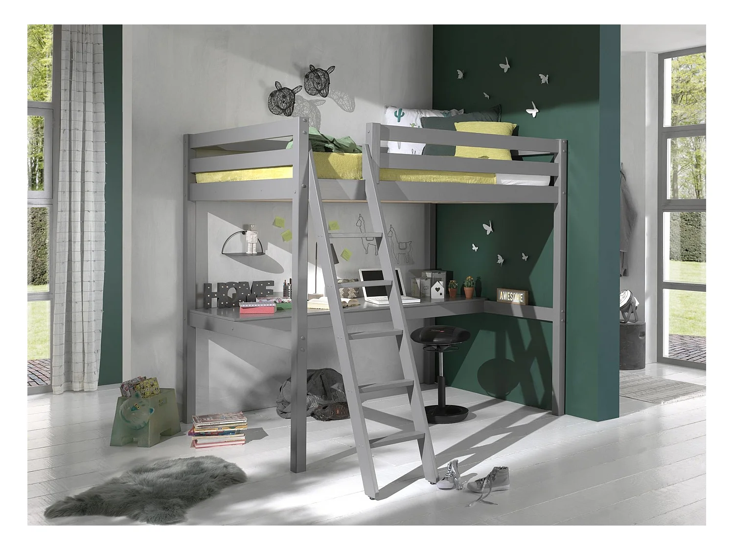 Lit Mezzanine Enfant & Plan de Travail "Pino" 140x200cm Gris
