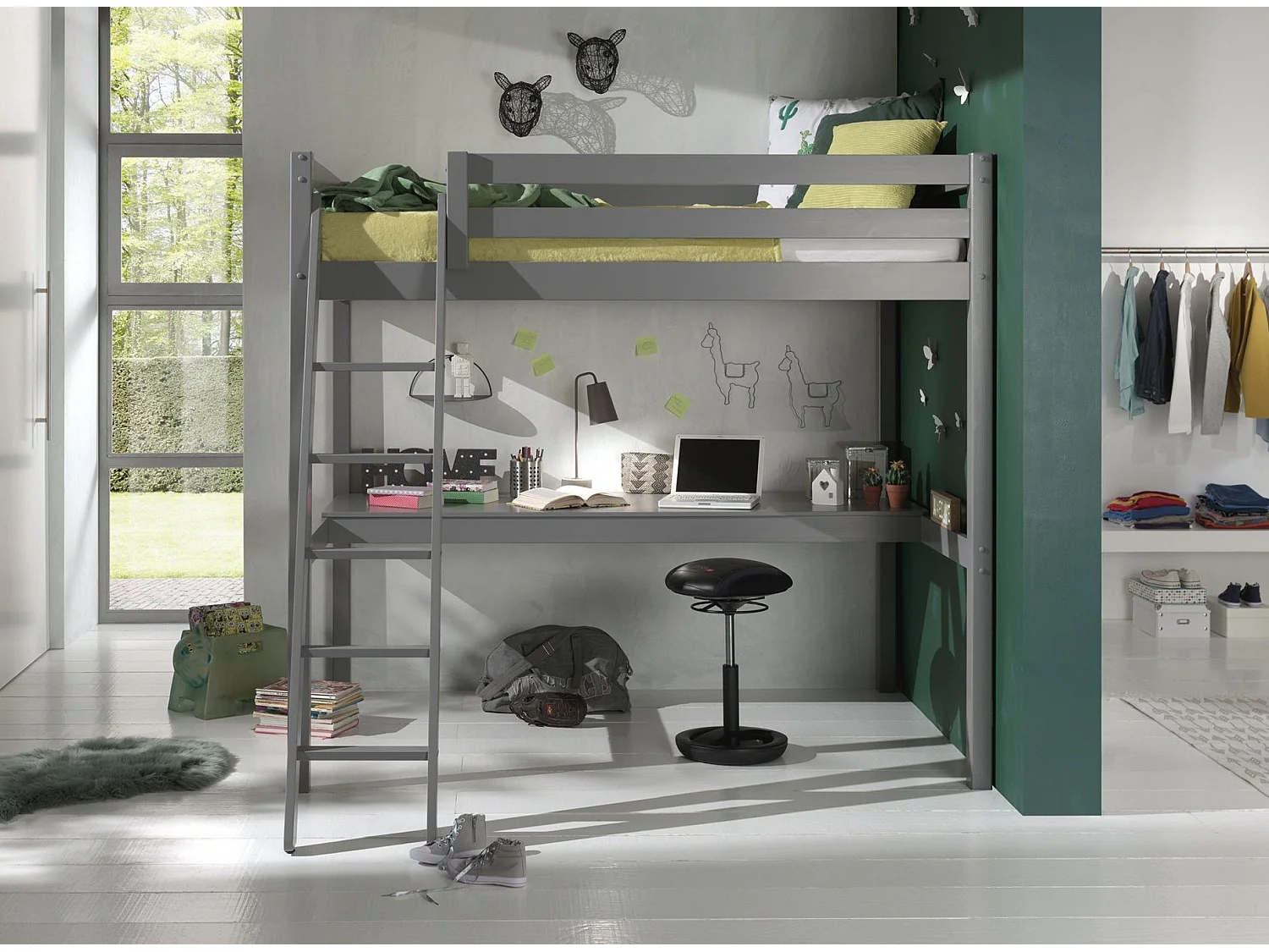 Lit Mezzanine Enfant & Plan de Travail "Pino" 140x200cm Gris