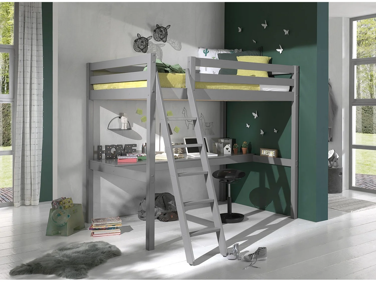Lit Mezzanine Enfant & Plan de Travail "Pino" 140x200cm Gris