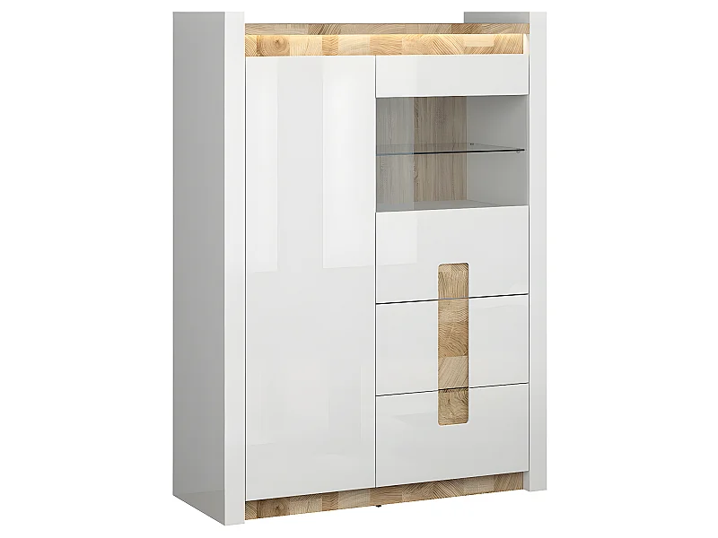 Vaisselier 2 portes 2 tiroirs avec LED Helios Blanc laqué et Bois