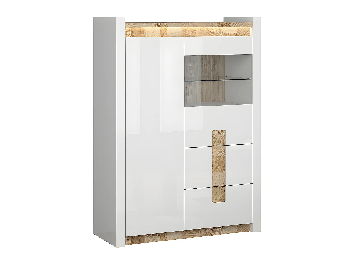 Vaisselier 2 portes 2 tiroirs avec LED Helios Blanc laqué et Bois